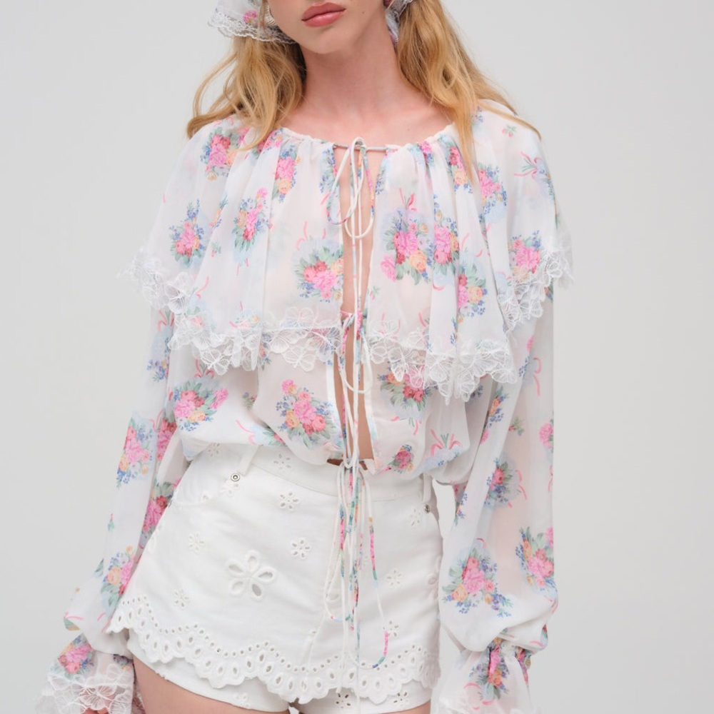 FOR LOVE AND LEMONS Doily Bouquet Long Sleeve Top Medium Floral Sheer Tie-Front